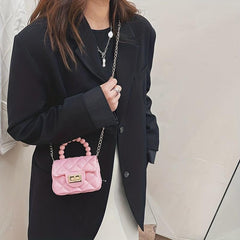 Argyle Pattern Mini Square Bag with Turn Lock Satchel Chain Bag