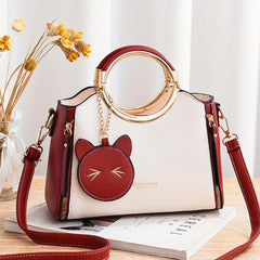 Metal Handle Crossbody Tote Bag PU Leather Satchel Bag