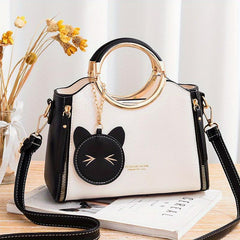 Metal Handle Crossbody Tote Bag PU Leather Satchel Bag