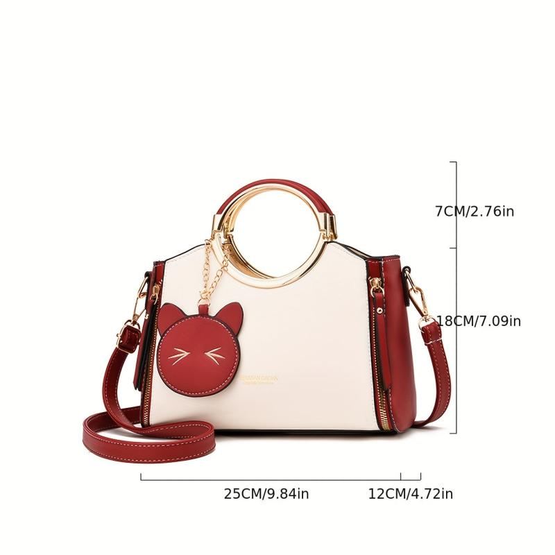 Metal Handle Crossbody Tote Bag PU Leather Satchel Bag
