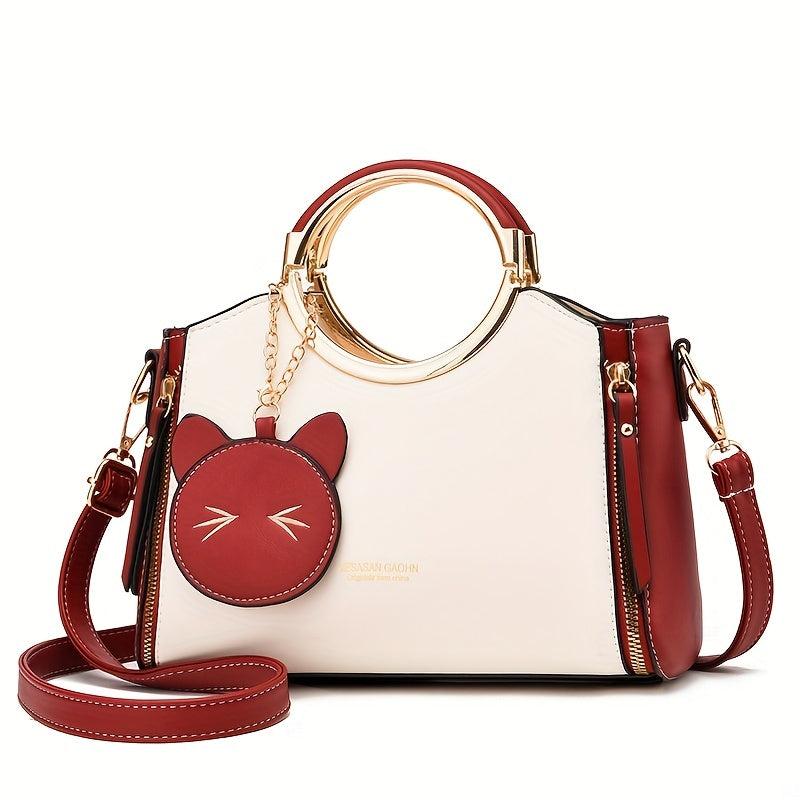 Metal Handle Crossbody Tote Bag PU Leather Satchel Bag