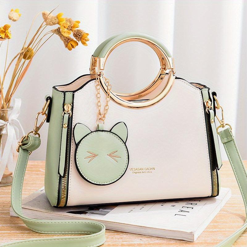 Metal Handle Crossbody Tote Bag PU Leather Satchel Bag