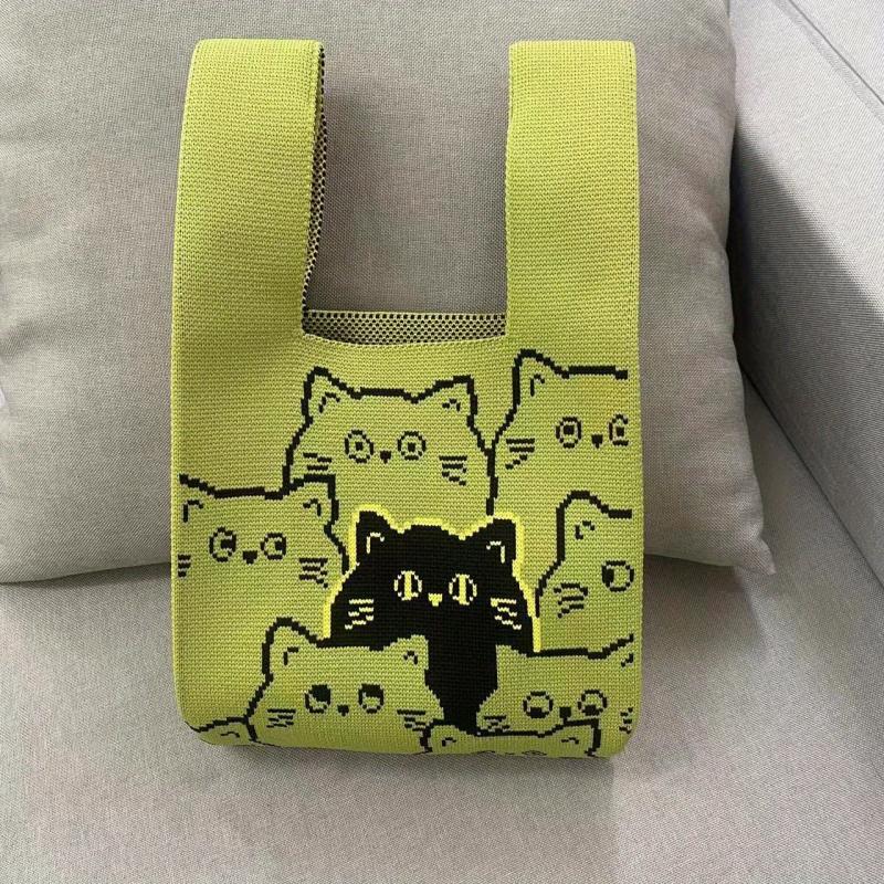 Cat Pattern Woven Handbag Fabric Crochet Niche Tote Bag