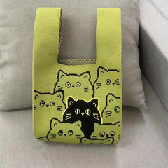 Cat Pattern Woven Handbag Fabric Crochet Niche Tote Bag