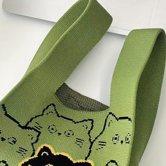 Cat Pattern Woven Handbag Fabric Crochet Niche Tote Bag