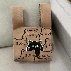 Cat Pattern Woven Handbag Fabric Crochet Niche Tote Bag
