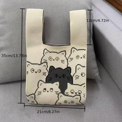 Cat Pattern Woven Handbag Fabric Crochet Niche Tote Bag
