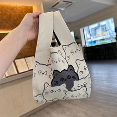 Cat Pattern Woven Handbag Fabric Crochet Niche Tote Bag