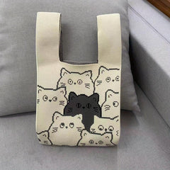 Cat Pattern Woven Handbag Fabric Crochet Niche Tote Bag