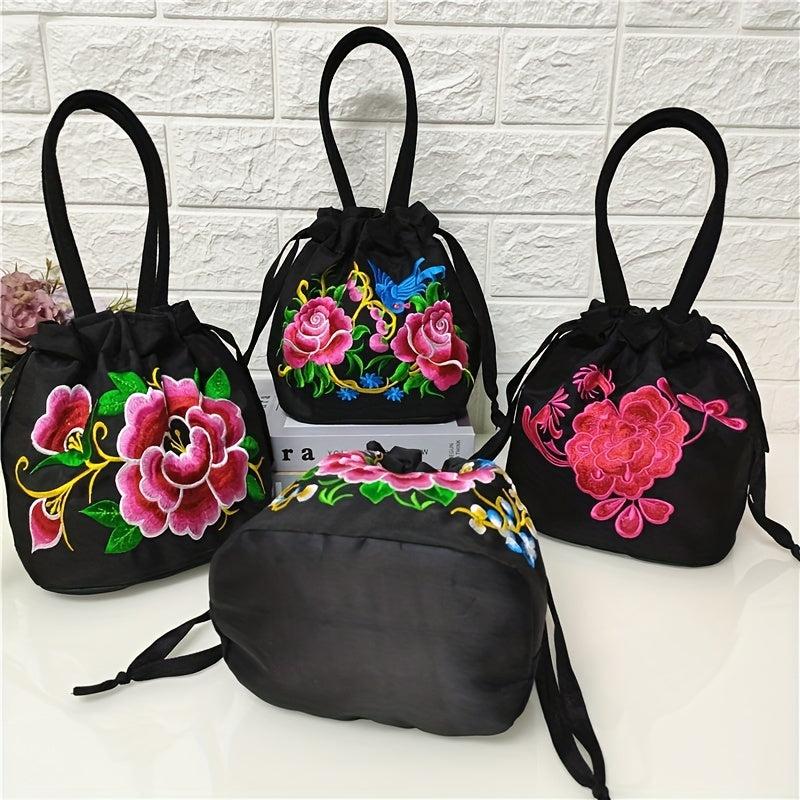 Floral Embroidered Bucket Bag Ethnic Style Canvas Handbags