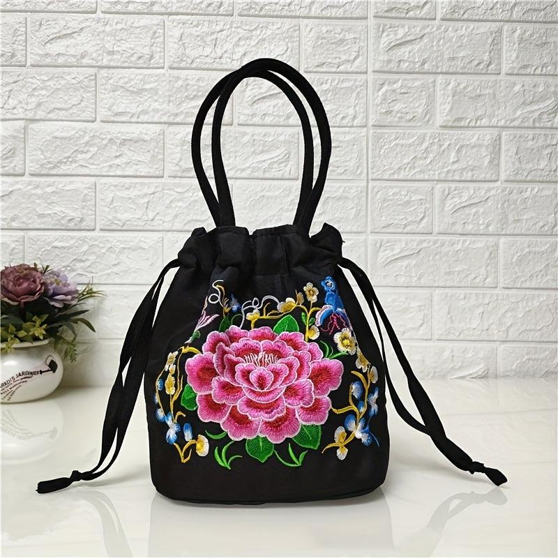 Floral Embroidered Bucket Bag Ethnic Style Canvas Handbags