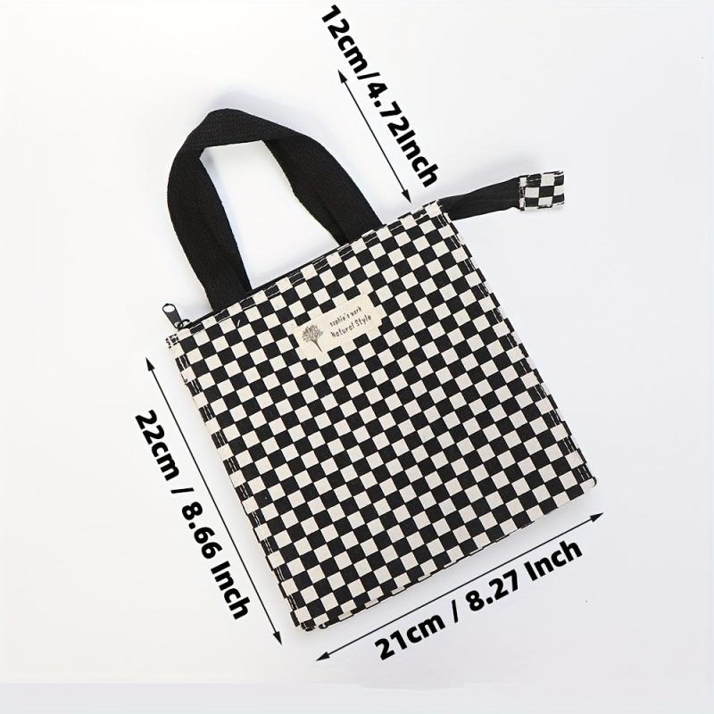 Checkered Handbag Lunch Box Bag Large Capacity Travel Picnic Bag