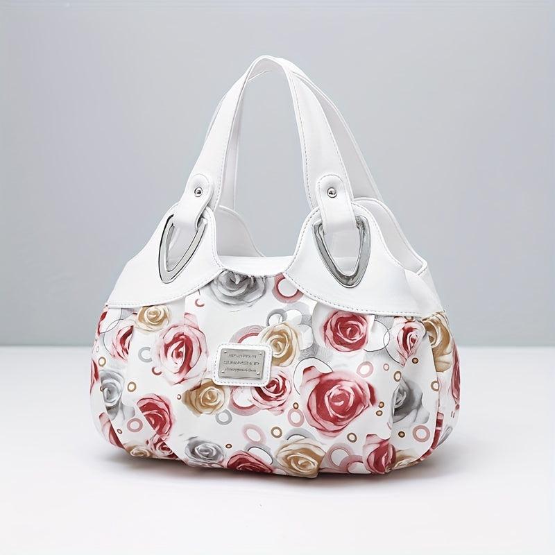 Flower Print Handbag For Women - PU Leather Tote Bag