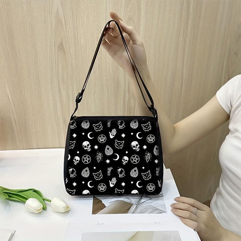 Skull Print Handbag For Women Square Shoulder Bag Halloween Party Tote Bag