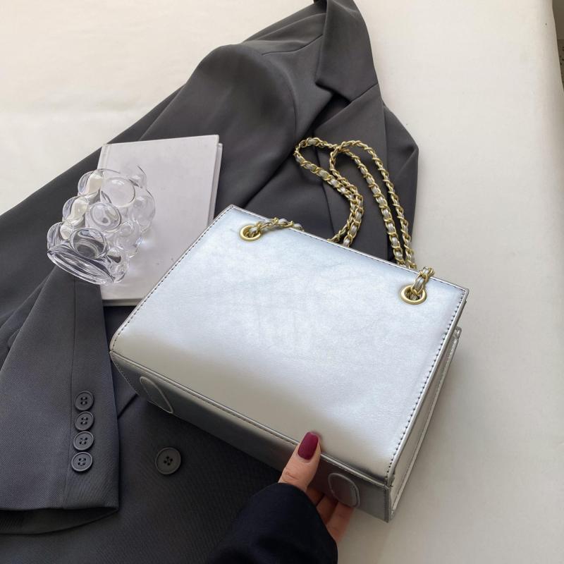 Metal Chain Crossbody Bag PU Leather Textured Underarm Bag