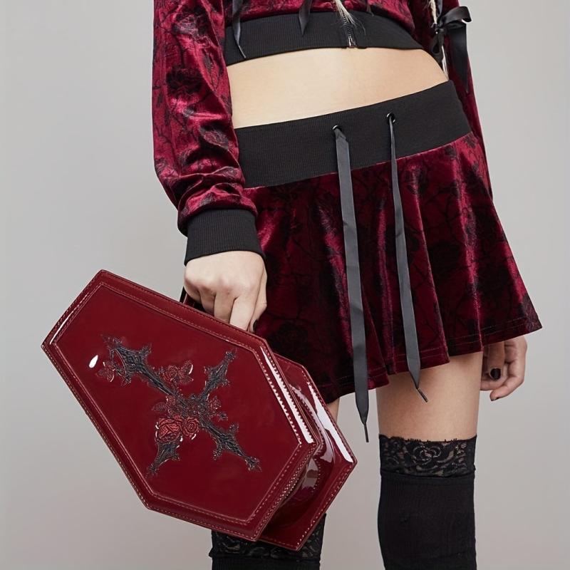 Gothic Cross Embroidered Decor Handbag Coffin Shaped Tote Bag Punk Y2K Purse