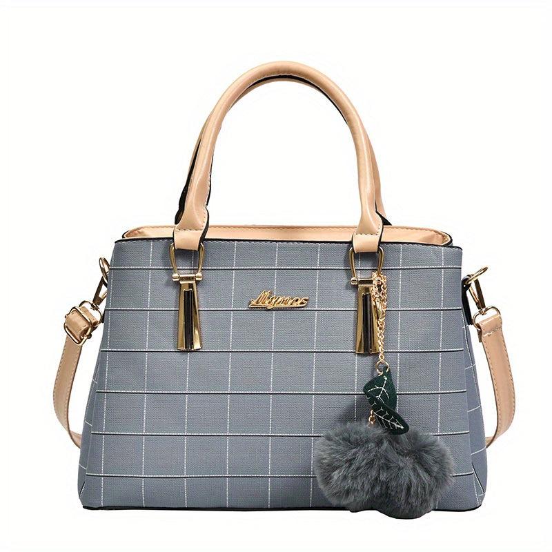 Checkered Handbag Solid Crossbody Bag Satchel Purse With Plush Ball Charms
