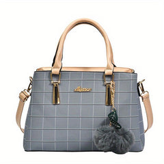 Checkered Handbag Solid Crossbody Bag Satchel Purse With Plush Ball Charms