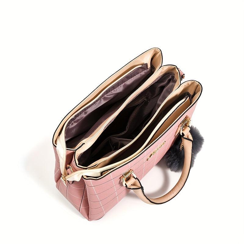 Checkered Handbag Solid Crossbody Bag Satchel Purse With Plush Ball Charms