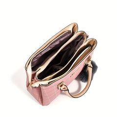 Checkered Handbag Solid Crossbody Bag Satchel Purse With Plush Ball Charms