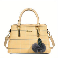 Checkered Handbag Solid Crossbody Bag Satchel Purse With Plush Ball Charms