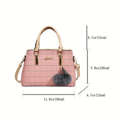 Checkered Handbag Solid Crossbody Bag Satchel Purse With Plush Ball Charms