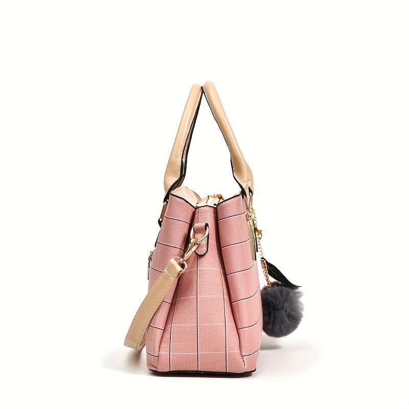 Checkered Handbag Solid Crossbody Bag Satchel Purse With Plush Ball Charms