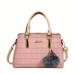 Checkered Handbag Solid Crossbody Bag Satchel Purse With Plush Ball Charms
