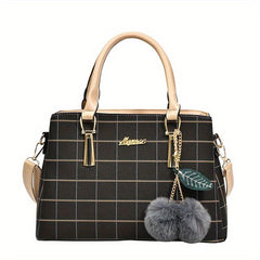 Checkered Handbag Solid Crossbody Bag Satchel Purse With Plush Ball Charms