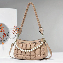 Puffer Quilted Handbag Faux Pearl Chain Shoulder Bag
