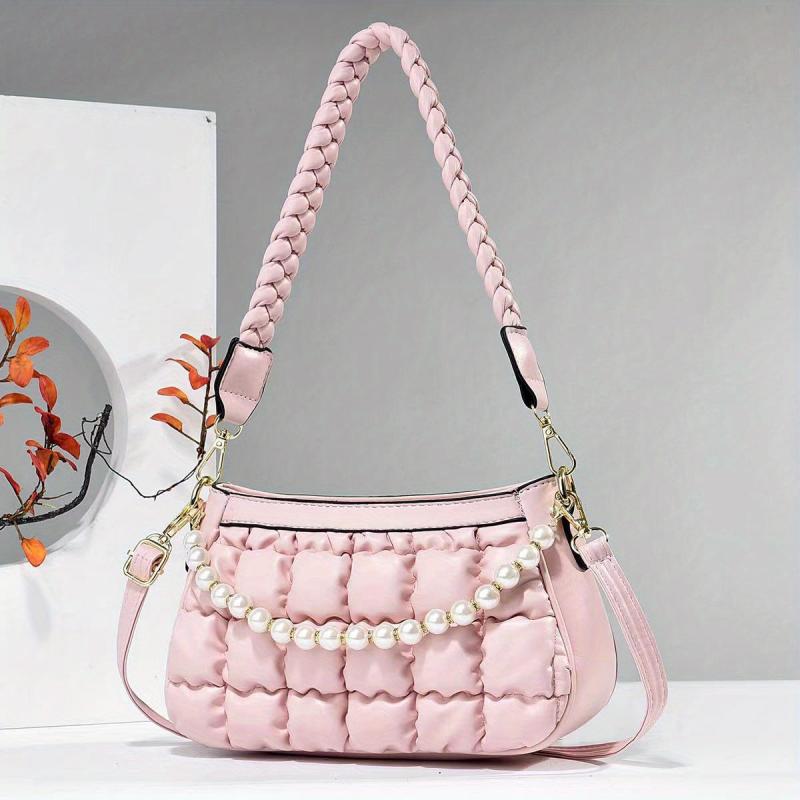 Puffer Quilted Handbag Faux Pearl Chain Shoulder Bag