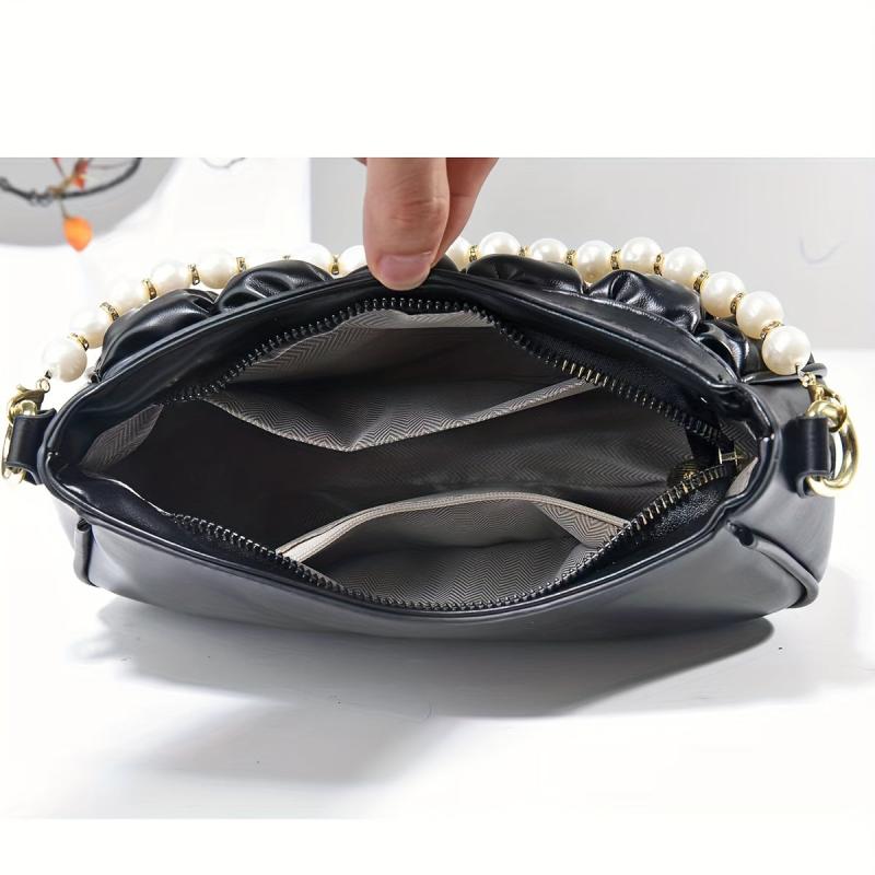 Puffer Quilted Handbag Faux Pearl Chain Shoulder Bag