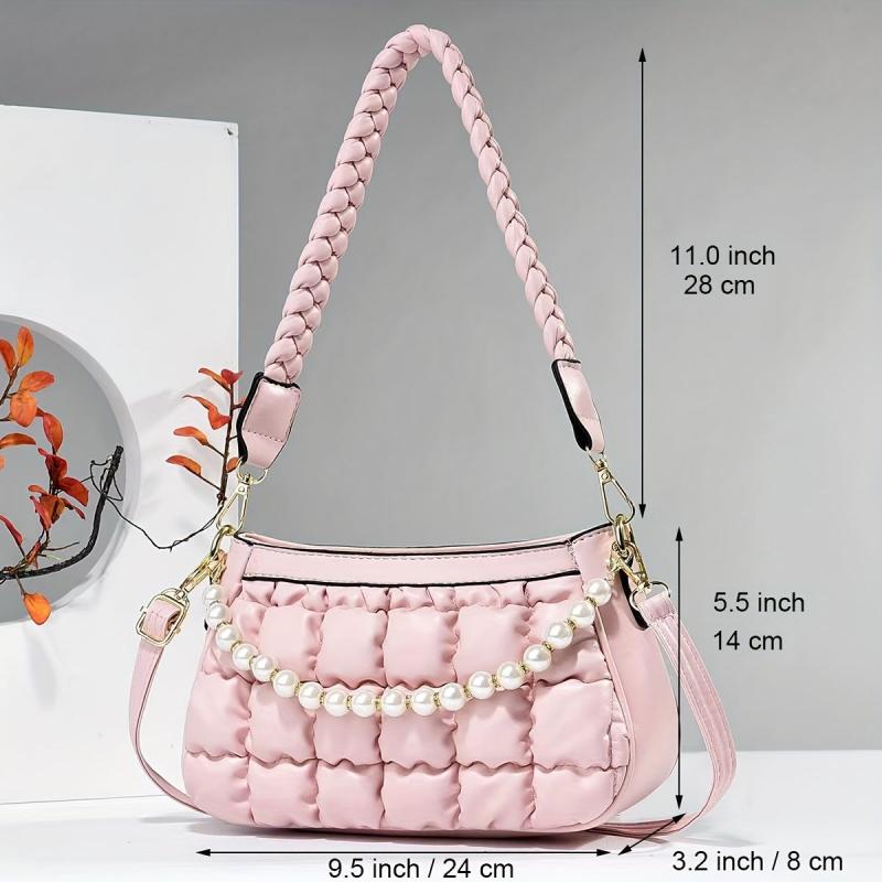 Puffer Quilted Handbag Faux Pearl Chain Shoulder Bag