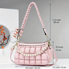 Puffer Quilted Handbag Faux Pearl Chain Shoulder Bag