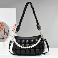 Puffer Quilted Handbag Faux Pearl Chain Shoulder Bag