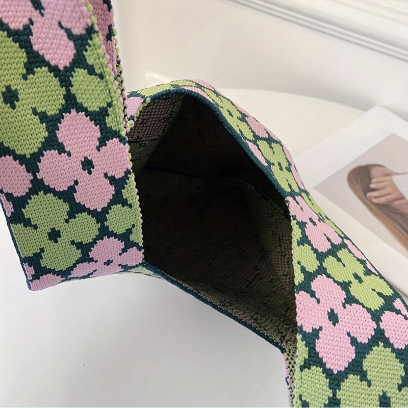 Flower Pattern Woven Tote Bag Crochet Niche Handbag Summer Commuter