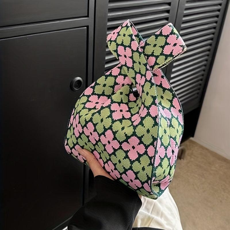 Flower Pattern Woven Tote Bag Crochet Niche Handbag Summer Commuter