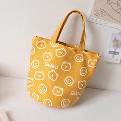Bear Print Handbag Canvas Bucket Bag Mini Lunch Bag