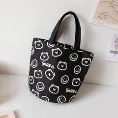 Bear Print Handbag Canvas Bucket Bag Mini Lunch Bag