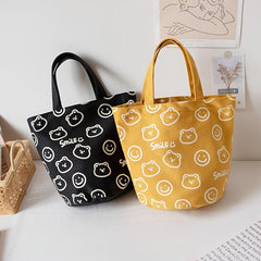 Bear Print Handbag Canvas Bucket Bag Mini Lunch Bag