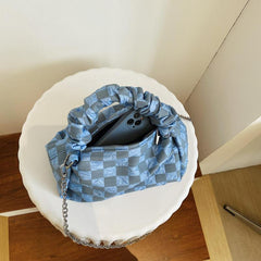 Checkerboard Pattern Satchel Bag Ruched Top Handle Handbag