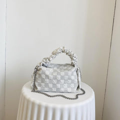 Checkerboard Pattern Satchel Bag Ruched Top Handle Handbag