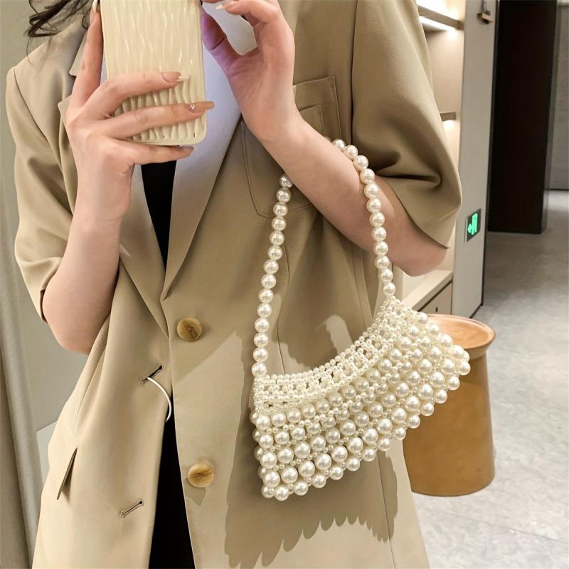 Faux Pearl Beaded Handbags Crescent Shoulder Bag for Wedding Party