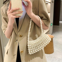 Faux Pearl Beaded Handbags Crescent Shoulder Bag for Wedding Party