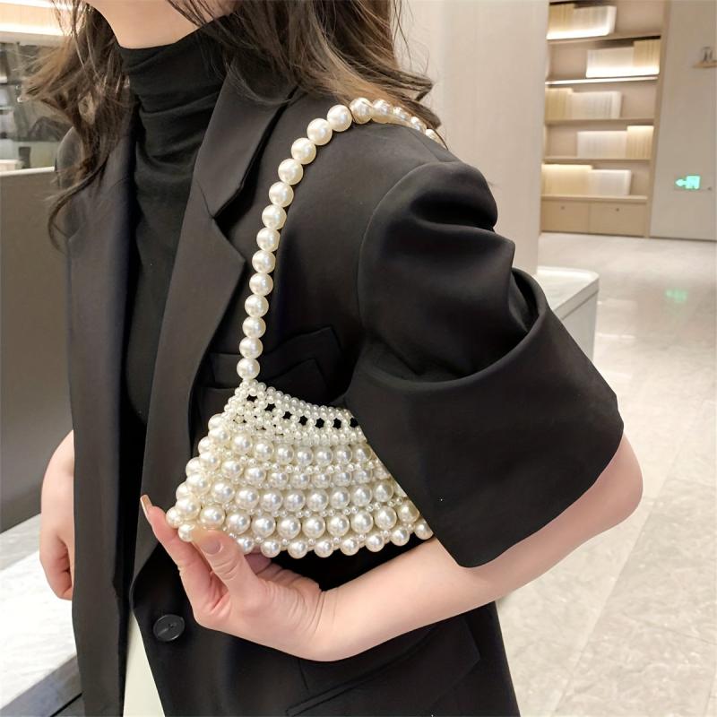 Faux Pearl Beaded Handbags Crescent Shoulder Bag for Wedding Party