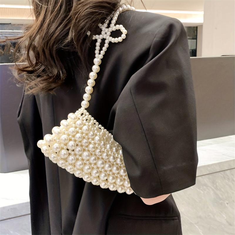 Faux Pearl Beaded Handbags Crescent Shoulder Bag for Wedding Party