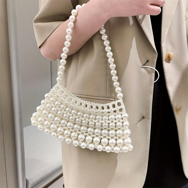 Faux Pearl Beaded Handbags Crescent Shoulder Bag for Wedding Party