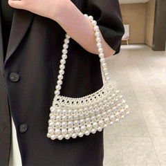 Faux Pearl Beaded Handbags Crescent Shoulder Bag for Wedding Party
