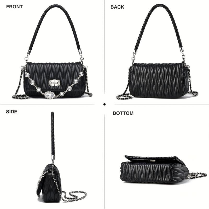Quilted Ruched Shoulder Bag Chain Crossbody Bag Rhinestone Flap Purse