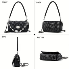 Quilted Ruched Shoulder Bag Chain Crossbody Bag Rhinestone Flap Purse